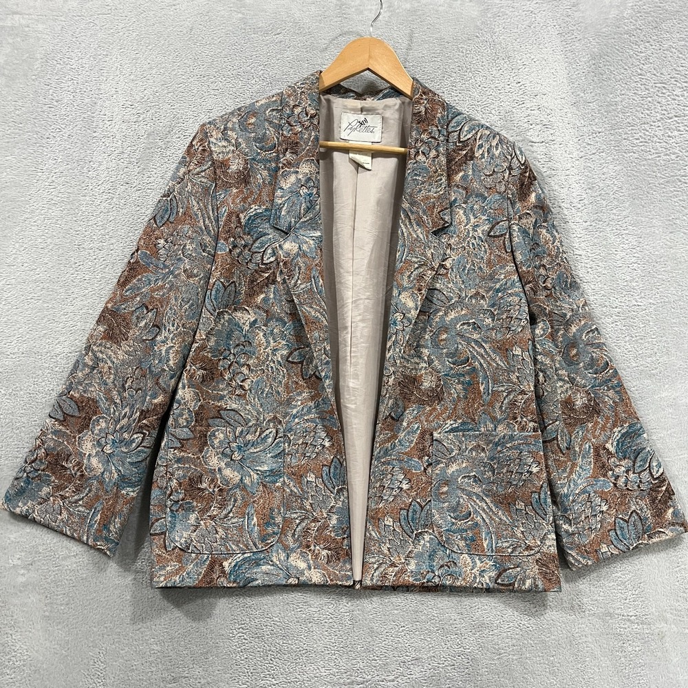 Vintage Pykettes Floral Blazer Jacket Womens 12 Open Front‎ Silk Retro Colorful